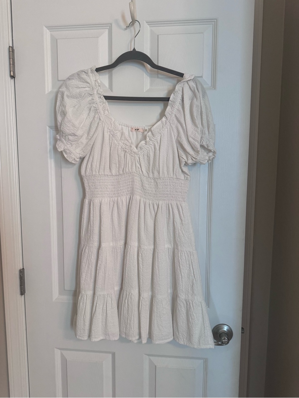 White Puff-Sleeve Smocked Waist Dress